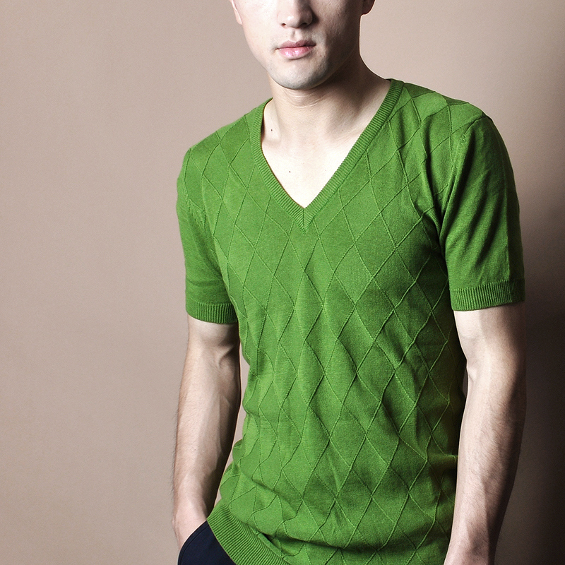 Summer round neck avocado green cotton and linen short-sleeved knitted T-shirt men's plus size lightweight sanitary sweater