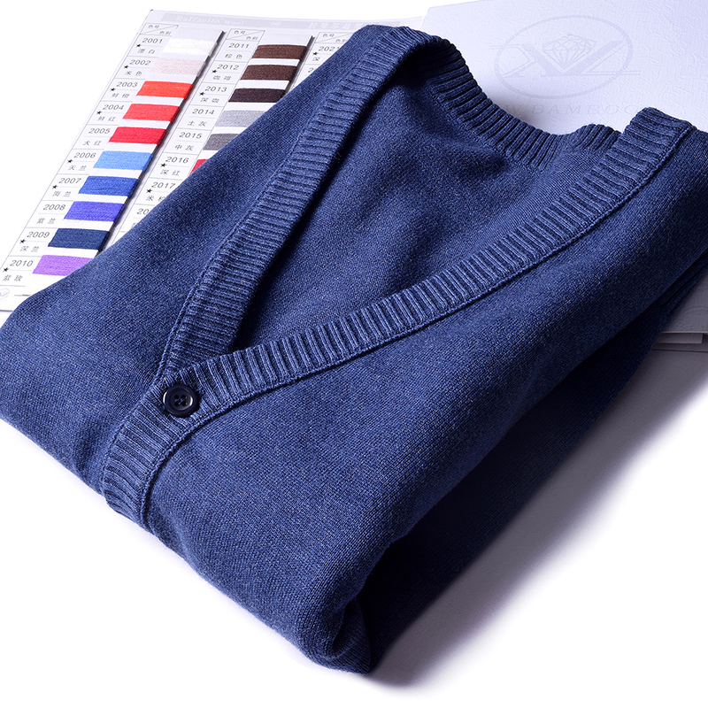 Men's V-neck blue cotton knitted cardigan youth plus size long-sleeved knitted sweater jacket casual work sweater thin