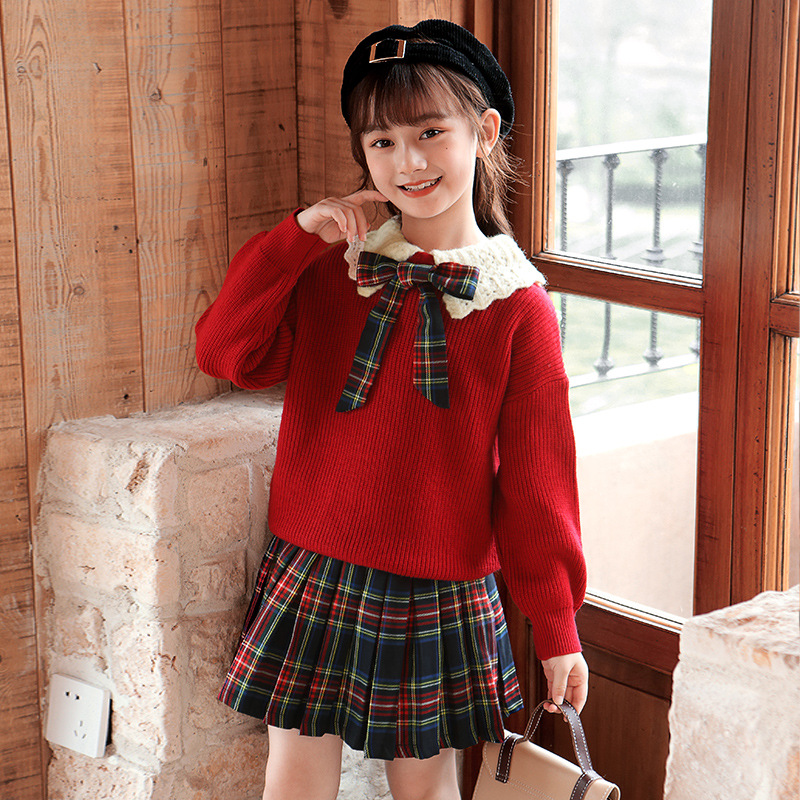 Girl Suit Dress Autumn Dress New Foreign Pie Net Red Explosive Children Clothes Little Girl College Wind Needle Weaters Two Sets Skirt
