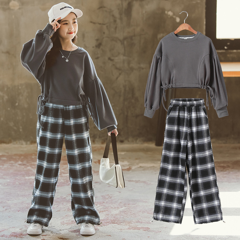 New plaid long pants CUHK Girl girl suit Korean version Qiuyu Winter girl Wei clothing Leisure 2 style