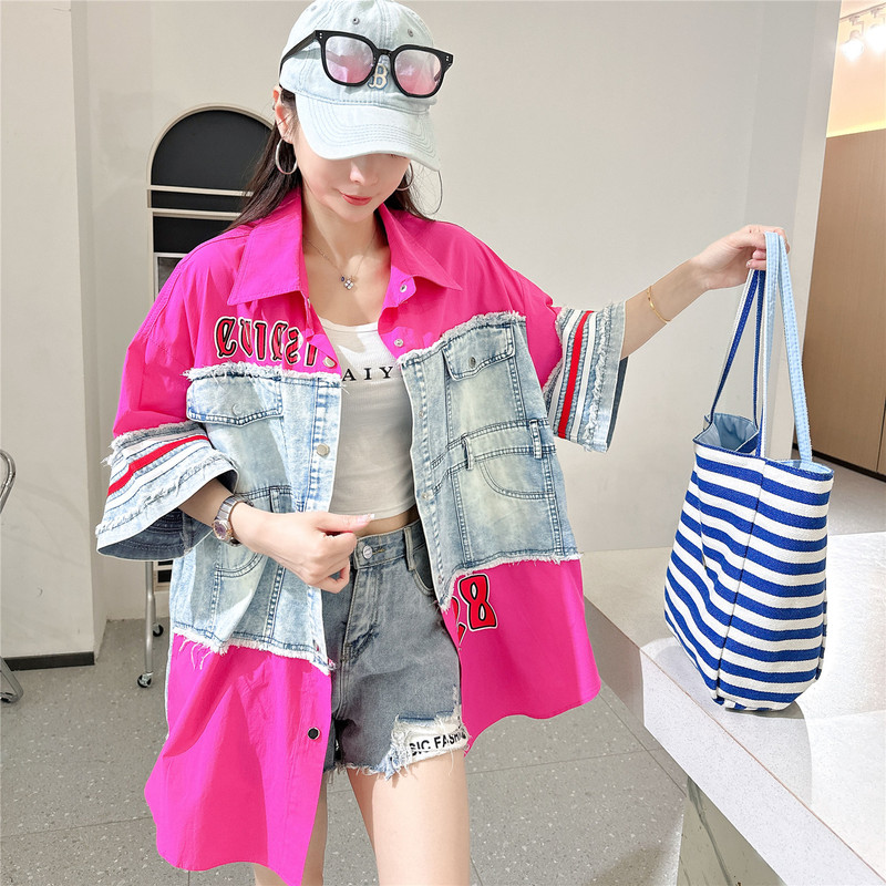 Short-Sleeved Patchwork Denim Shirt for Women, Light Luxury, High-End, Loose, Stylish, Retro American High Street Ripped Shirt Jacket Short-Sleeved Patchwork Denim Shirt for Women, Light Luxury, High-End, Loose, Stylish, Retro American High Street Ripped Shirt Jacket