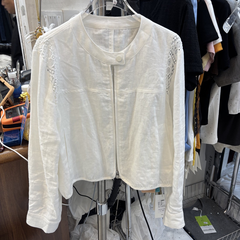European Station 2026 Spring European High-Quality Round-Neck Lace Patchwork Zipper Short Ramie Jacket for Women Trendy