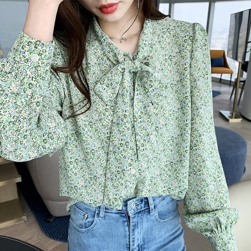 Early autumn crushed flower snowspun shirt blouses woman long sleeve design feeling large size weight MM220 catty easy port wind shirt