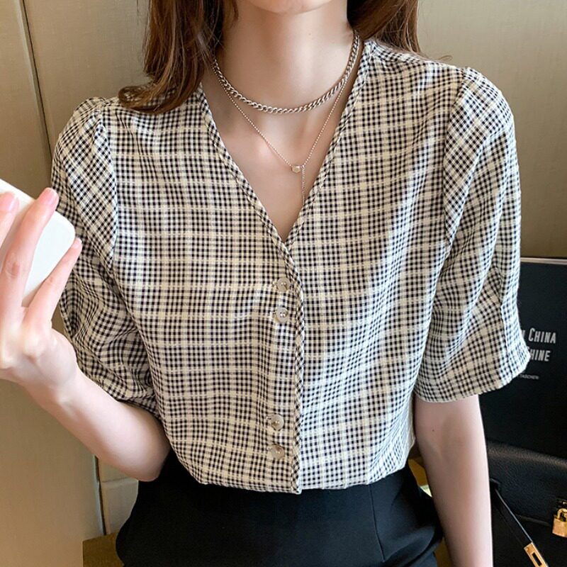 Plaid chiffon shirt top women's short-sleeved summer new design small size large size fat MM220 catties professional shirt