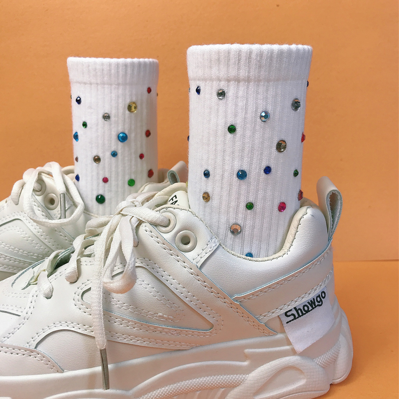Korean Fashion Versatile Bulin Shiny Gemstone Rhinestone Mid-Calf Socks for Women ins Trendy College Style Sports Socks Korean Fashion Versatile Bulin Shiny Gemstone Rhinestone Mid-Calf Socks for Women ins Trendy College Style Sports Socks
