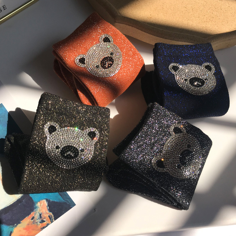 Korean Gold and Silver Thread Bear Rhinestone Socks for Women ins Trendy Japanese Fashion Internet Celebrity Shiny Silver Glitter Mid-Calf Socks Korean Gold and Silver Thread Bear Rhinestone Socks for Women ins Trendy Japanese Fashion Internet Celebrity Shiny Silver Glitter Mid-Calf Socks