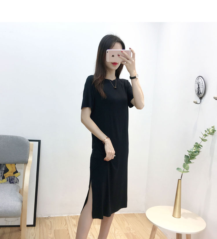 Váy ngắn tay hàn quốc nữ modal thẳng thắn trong chiếc váy dài chấm bi khí chất mỏng chia đôi váy dài hè - Sản phẩm HOT đầm hở lưng