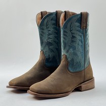 New leather sole cowhide knight riding boots western cowboy boots mens square toe sleeves size 42