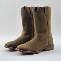 Size 42 high-end leather sole flat-head knight riding boots western cowboy boots light yellow cowhide sleeve Goodyear mens boots