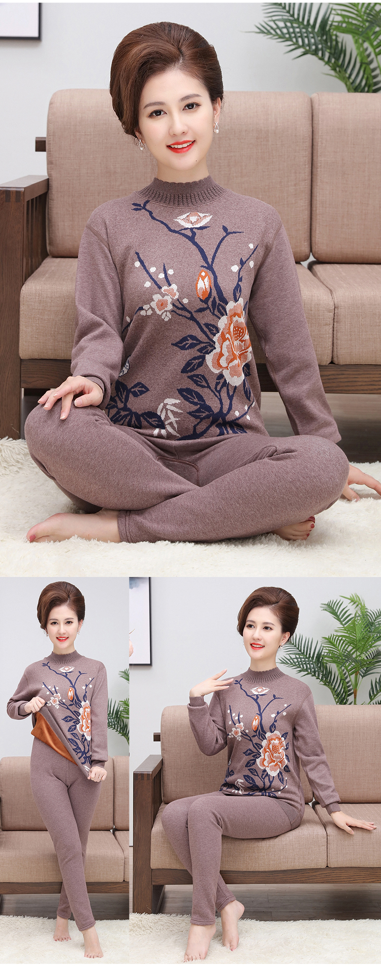 Phụ nữ trung niên và cao tuổi đồ lót ấm phụ nữ dày cộng với nhung nam phù hợp với mùa đông XL cha mẹ mùa thu quần áo mùa đông dày phù hợp bộ cotton nữ học sinh