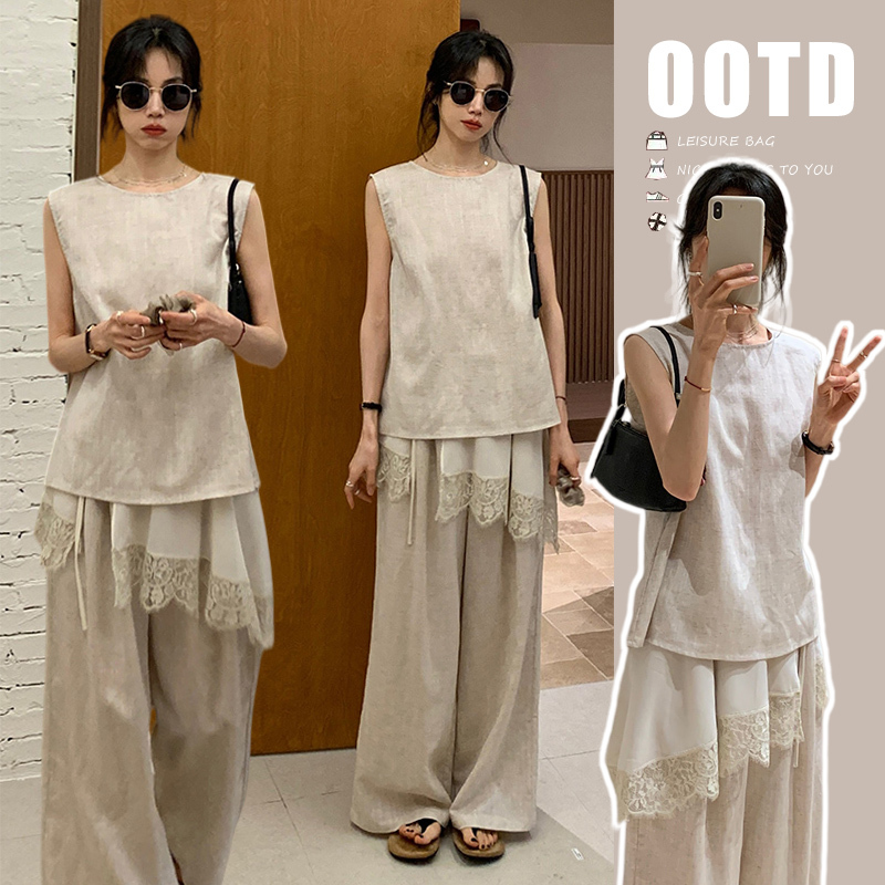 Maternity Summer Outfit 2026 New Style Set for Pregnant Moms, French-Style Sleeveless Vest Top Paired with Wide-Leg Pants Set