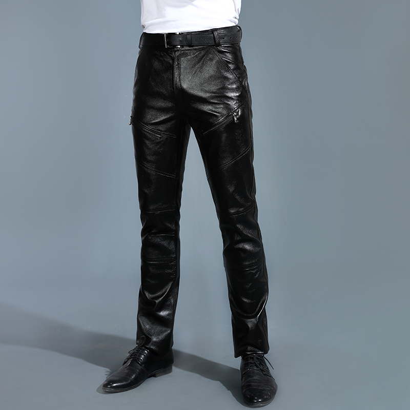 Men's first layer cowhide leather pants goat leather small feet Harley motorcycle riding pants plus velvet thickening new casual pants