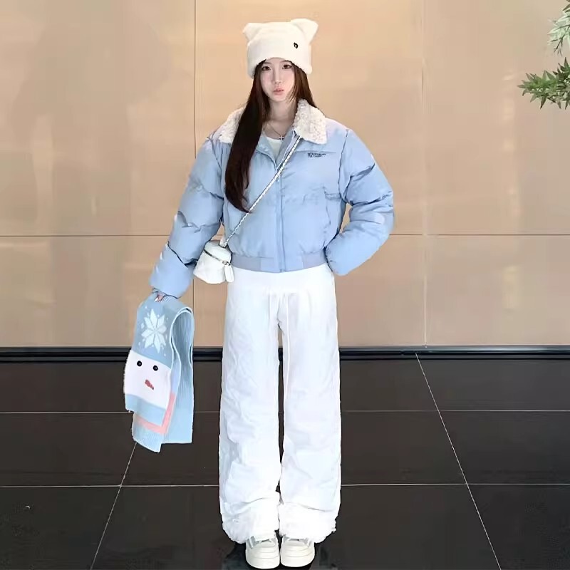 Blue Short down Jacket for Women, Winter 2025 New Korean Style, Petite, Thickened with Fur Collar, Puffer Coat, Cotton-Padded Jacket
