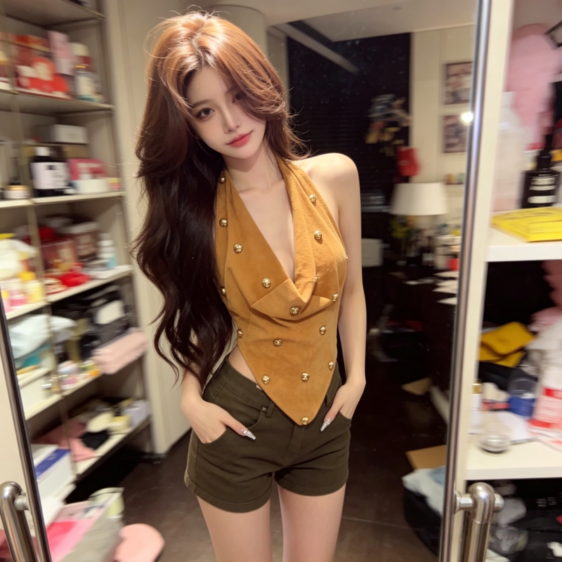 Light Mature Style Halter Neck Tank Top for Women, Summer Elegant V-Neck with Rivets, High-End Design, Sexy and Slimming Sleeveless Top