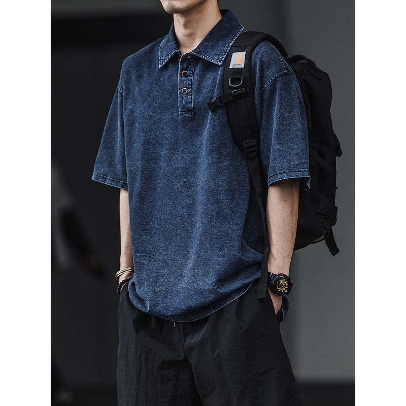 American Retro Washed Distressed Denim Short-Sleeved Polo Shirt for Men, Summer Thin, Loose and Versatile Casual T-Shirt American Retro Washed Distressed Denim Short-Sleeved Polo Shirt for Men, Summer Thin, Loose and Versatile Casual T-Shirt