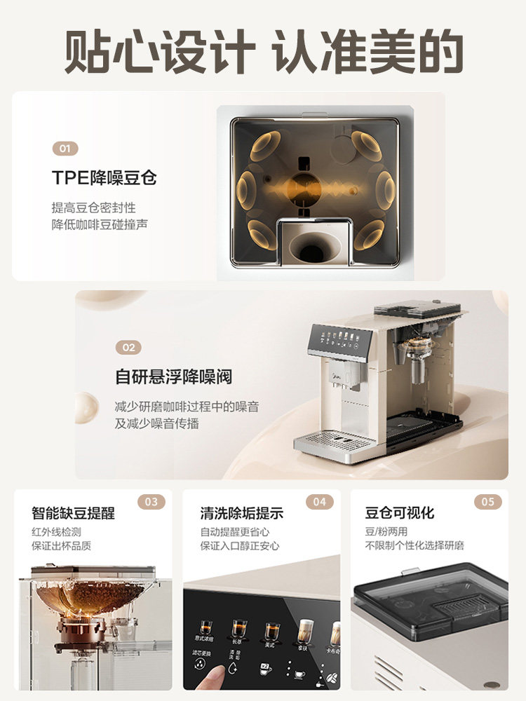 Midea Fully Automatic Coffee Machine with Dual Temperature Extraction, One-Touch Milk Frothing, Home-Use Freshly Ground Espresso Machine with Integrated Grinder and Self-Cleaning Function