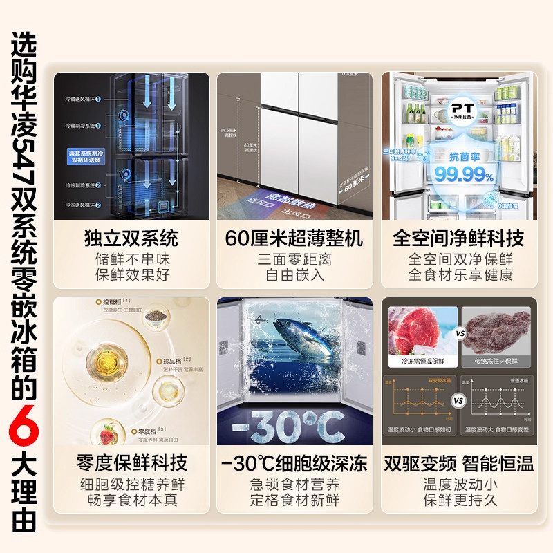 Midea Hualing Shenji 547 Dual-System Refrigerator, Large Capacity, Ultra-Thin, Zero-Embedded, Household Cross-Door Four-Door Refrigerator