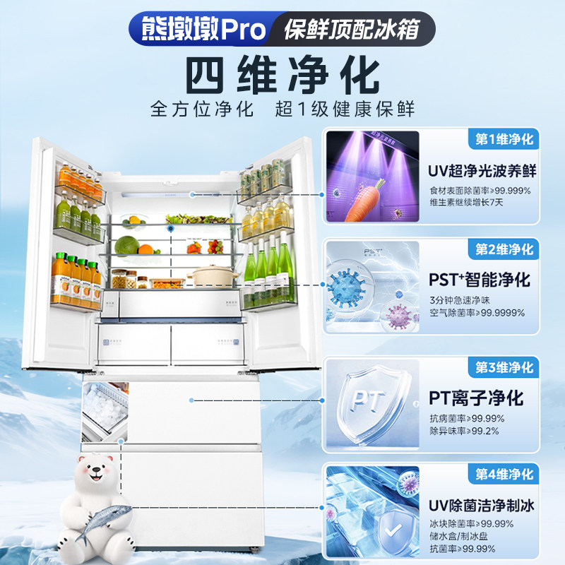 Midea Bear Dundun Pro Ultra-Clean 600L Refrigerator Ultra-Thin Zero-Embedded Dual-System French-Style Multi-Door Double-Opening for Home Use