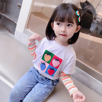 Girls spliced sleeve autumn 2021 autumn new children's foreign style T-shirt Korean version of baby girl fashionable T-shirt jacket