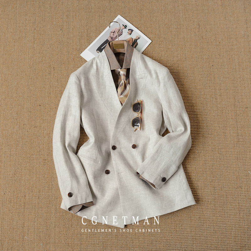 Cssugent Spring and Summer 100% Linen Casual Business Collarless Suit Thin Men's Commuter Breathable Suit Jacket