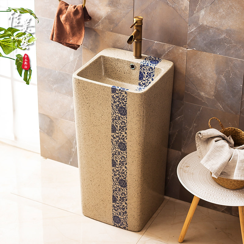 Chinese imitation antique painted integrated column basin ceramic square handwashing table courtyard balcony floor type washbasin 079