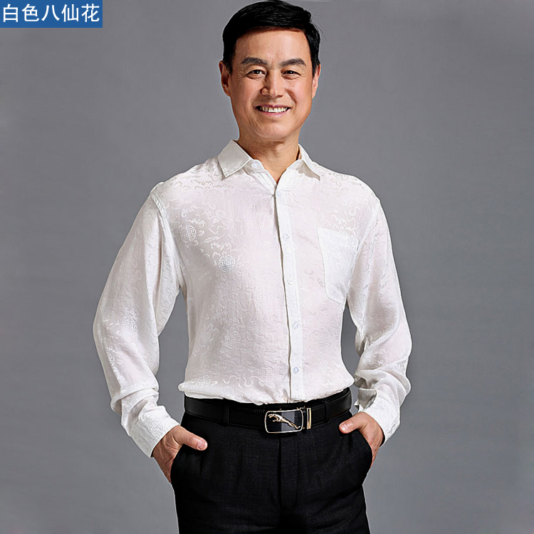 Áo sơ mi nam trung niên lụa dài tay mùa hè lụa tơ tằm nam áo sơ mi ông già cha mùa hè - Áo áo sơ mi cộc tay nam