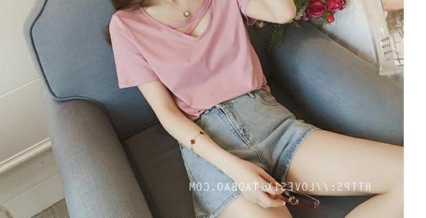 Mùa hè của phụ nữ Han Fan v-cổ chéo quần áo màu hồng ngắn tay học sinh Áo thun màu nửa rắn tay áo cẩn thận máy nhỏ áo phông ngắn tay