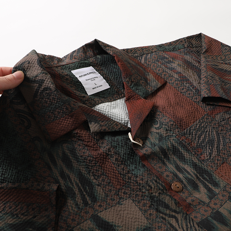 Designer Creation! Japanese Retro Bubble Gauze Lightweight Beach-Style Cuban Collar Short-Sleeve Shirt Loose Fit Men's Shirt