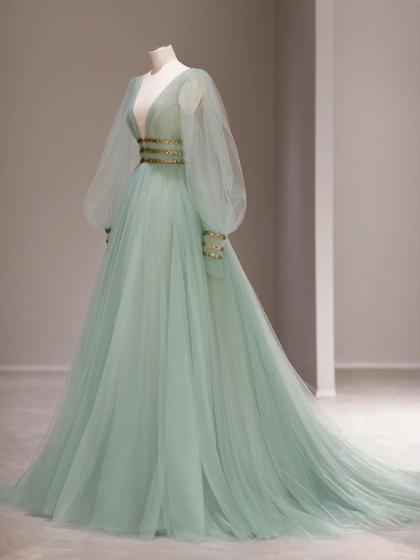 Fresh and Natural Forest-Style Super Fairy-Like Green Evening Dress [Fei] Slimming and Elegant Long-Sleeved Dress for Lawn Wedding