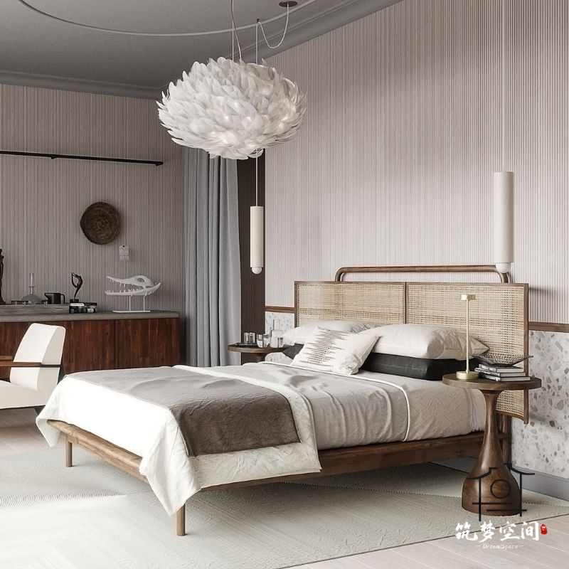 Nordic ins solid wood rattan bed folk juku bunk bed modern minimalist home bedroom master bedroom 1 8 m double bed-Taobao