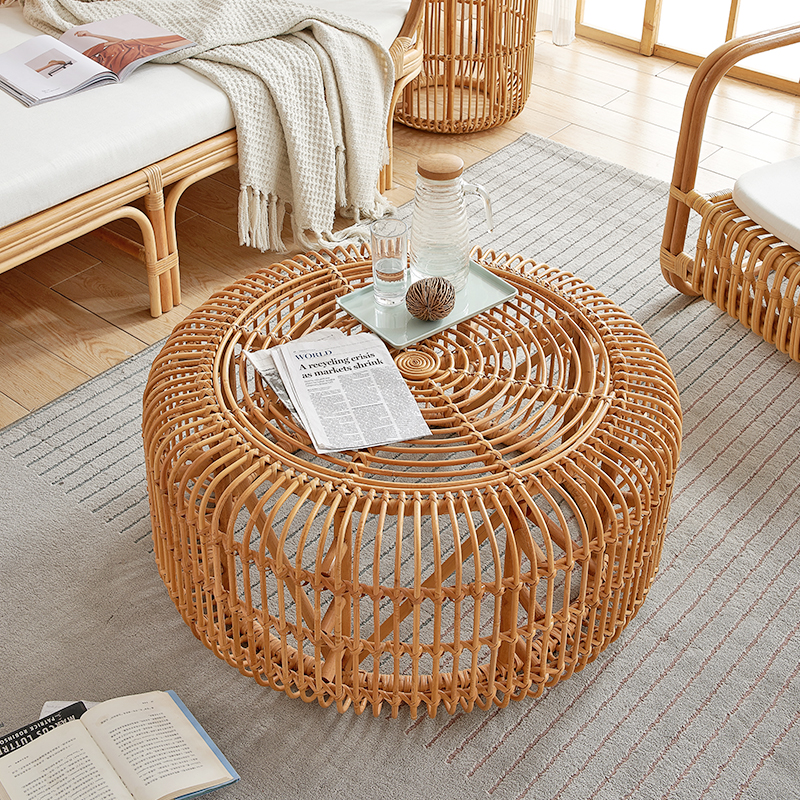 Ins rattan furniture modern retro round glass coffee table living room home simple creative hostel coffee table