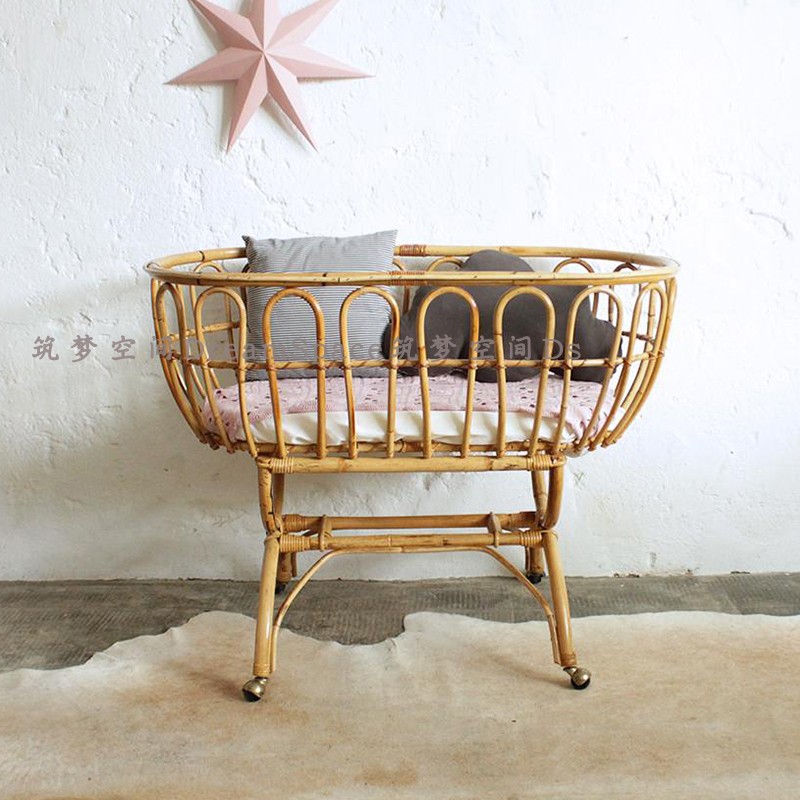 Rattan chiche inins shake crib hood high protective fence anti-fall stroller cradle sleeping basket bb bed can be moved