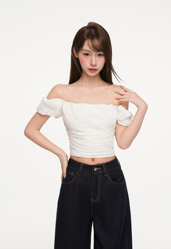 Byemypie Crochet Hollow-Out Off-Shoulder Collarbone Shirt for Women, Summer Trendy Beautiful Design Niche Top