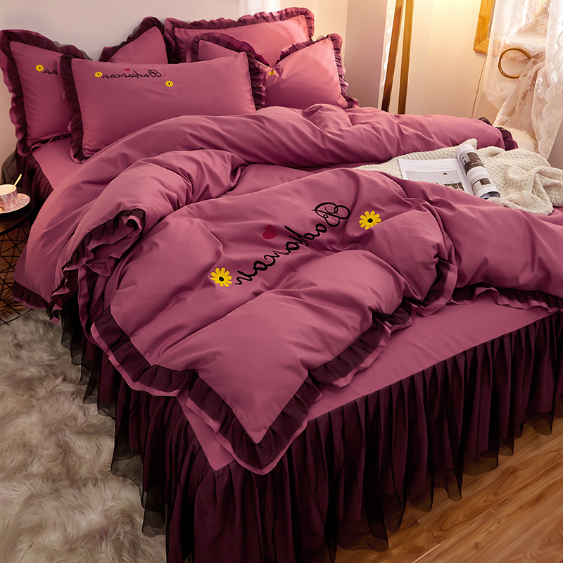 Cotton Bed Skirt Four Piece Lace quilt cover Girl Heart Korean Princess Wind Mattress Slip Belt Elastic Band