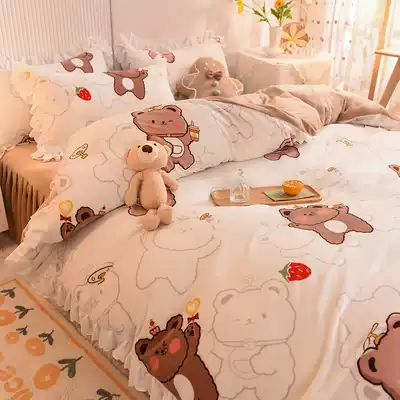 Winter thickened warm milk velvet four-piece European simple bed linen bed skirt heat storage warm double-sided velvet quilt cover