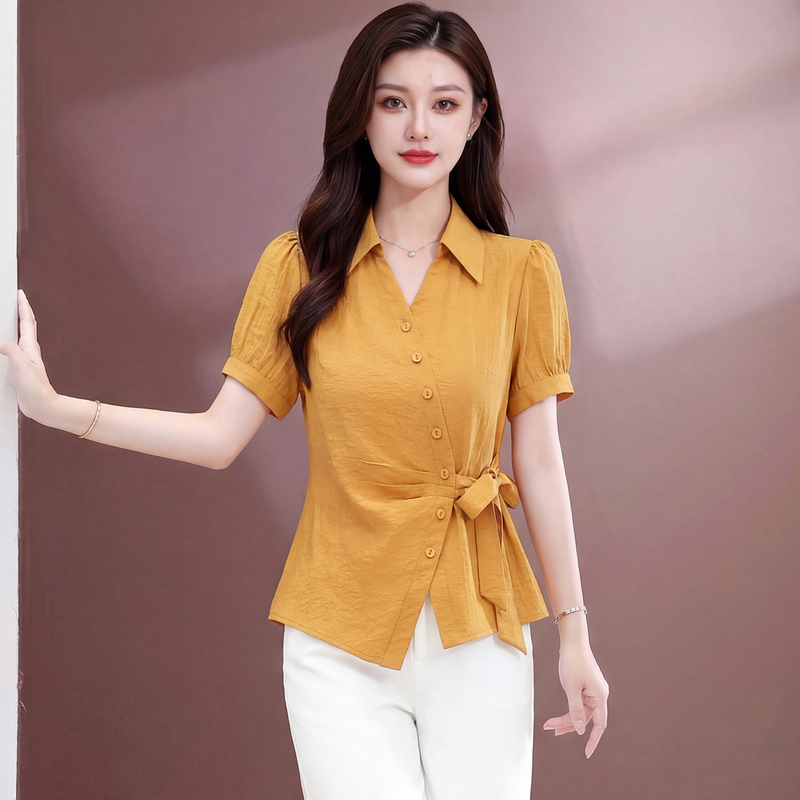 2026 New Summer Style Short-Sleeved Shirt for Small People with Tie Design, Irregular Hem, Slimming and Flesh-Covering Top for Women