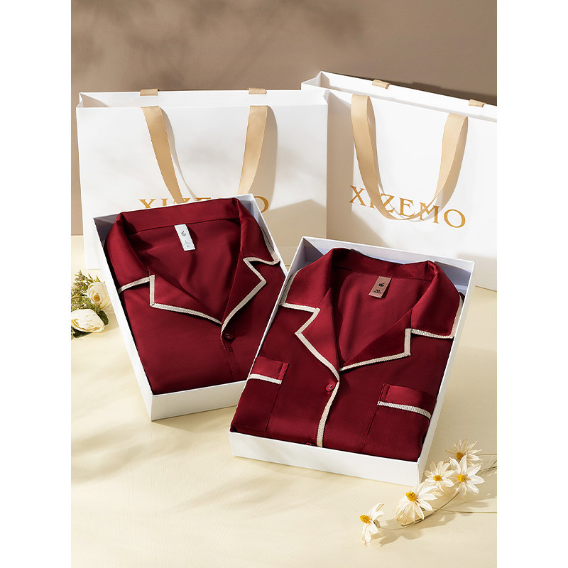 Sleepwear Lady Spring Autumn Ice Silk Thin Long Sleeve Men Lovers Red Wedding Newlywed Gift Box Clothing Home Suit Suit