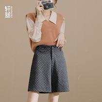 Xuanz woolen shorts womens five-point pants autumn and winter New High waist loose slim casual wear straight wide leg pants