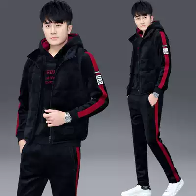 Men's thick T-shirt three-piece autumn and winter trend gold velvet casual jacket sports suit plus velvet thickened clothes