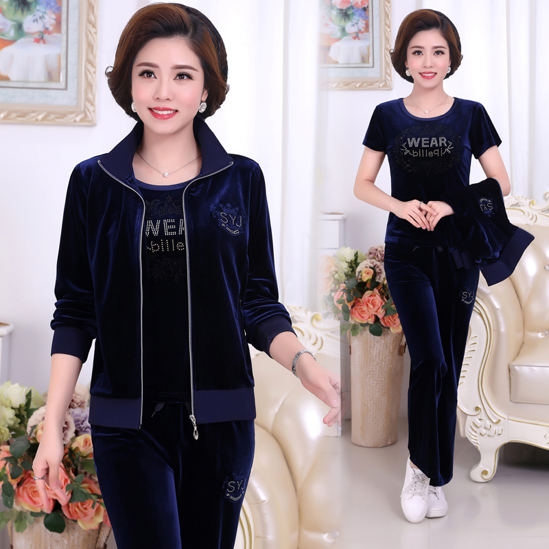Middle-aged sports suit women's spring and autumn loose gold velvet casual sportswear three-piece set large size mom outfit