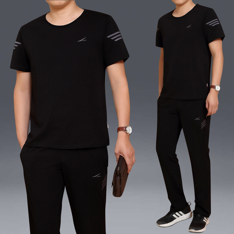 Middle Age Sports Suit Men's Summer Round Collar Short Sleeve Casual Running Middle Aged Sports Wear Big Size Dad Dress Thin