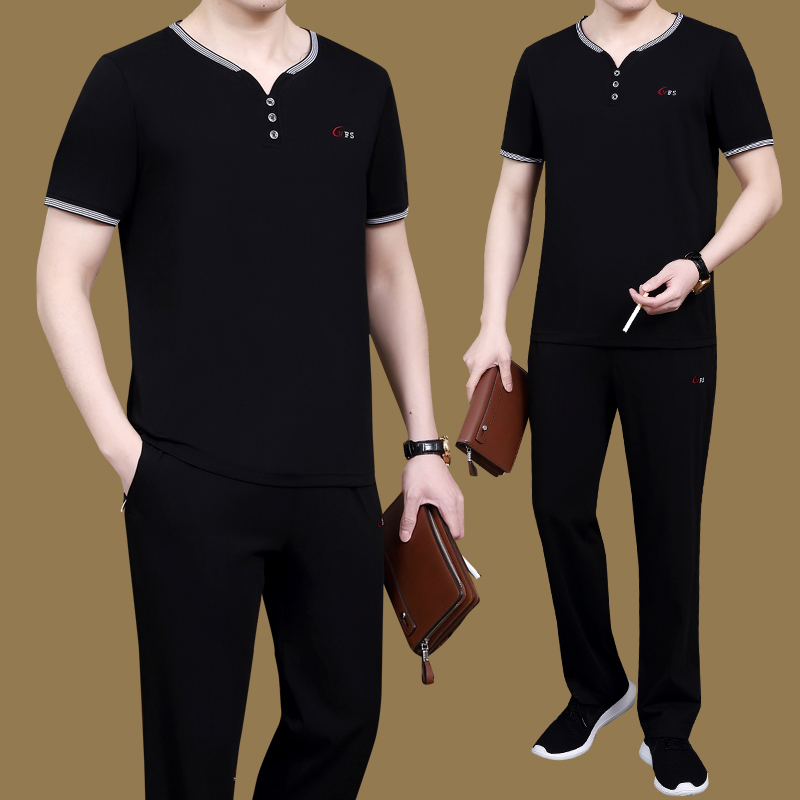 Summer middle-aged men short-sleeved trousers V-collar cotton loose running middle-aged dad sportswear suit men