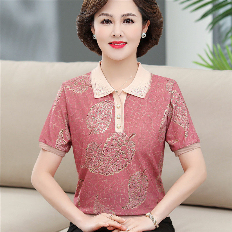 Mother Dress Summer Dress Foreign Pie Ice Silk Flap T-Shirt Mid Age Large Size Women's Dress Short Sleeves Slim Fit Snow Spinning Blouse