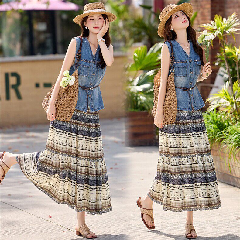 Retro Embroidered Denim Vest and Printed Skirt Two-Piece Set for Women, 2026 Summer Elegant Slimming Vacation Style Outfit
