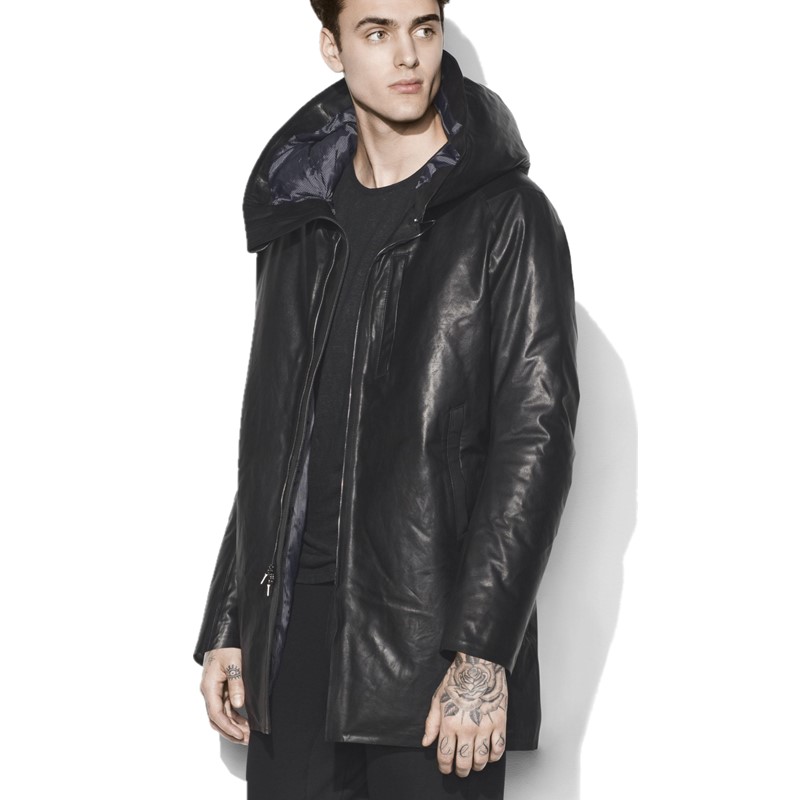 Italy imported sheepskin down hooded mid-length warm and cold leather leather jacket men's leather down coat