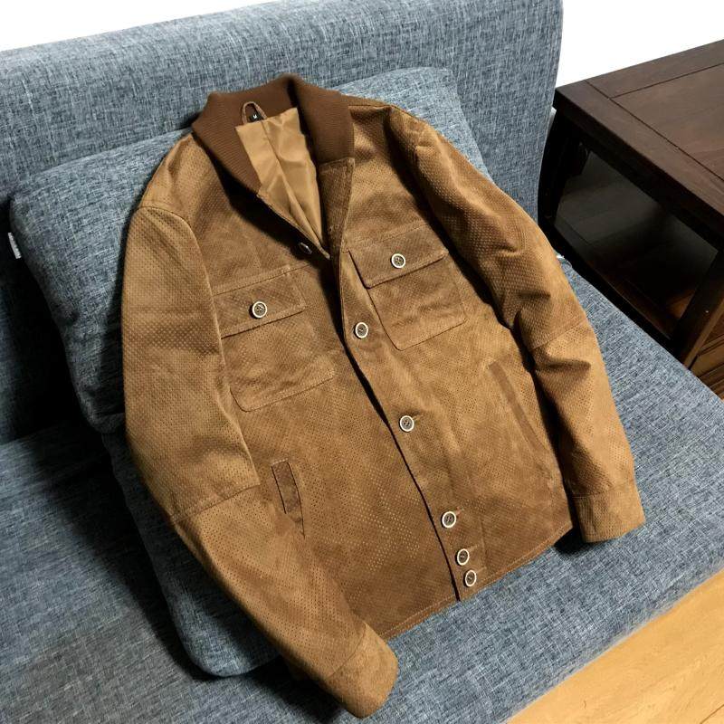 Welfare price breathable hole light and cool Italian suede goatskin leather jacket men's shawl collar