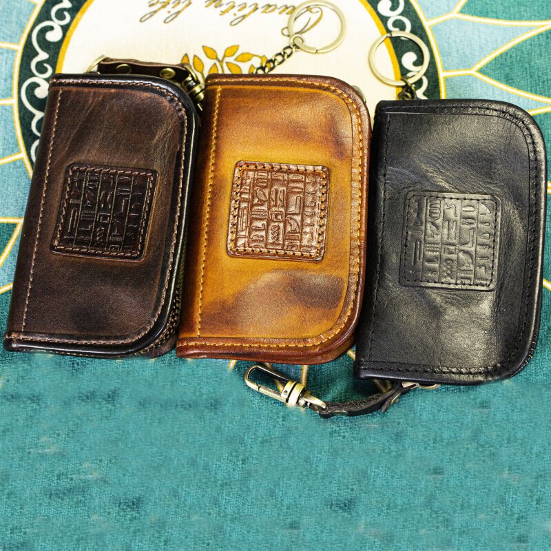 Handcrafted Color Qin Oil As Old Plant Tannic Cow Leather Multifunction Large Capacity Retro Portable Containing Bag Hanging Bag Key Bag