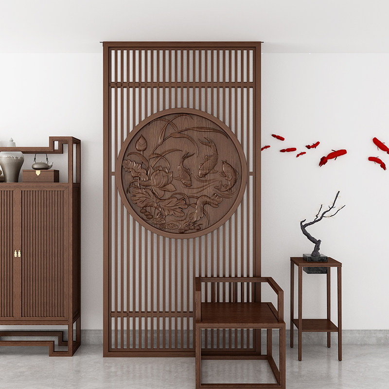 Modern new Chinese-style screen partition living room porch embossed custom solid wood double-sided through-top design creative nine fish map