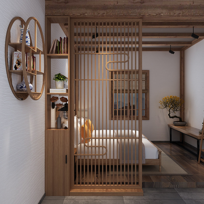 Modern new Chinese solid wood partition cabinet Xuanguan Living room fence Book room Bedroom Shelf movable hollowed-out seat screen