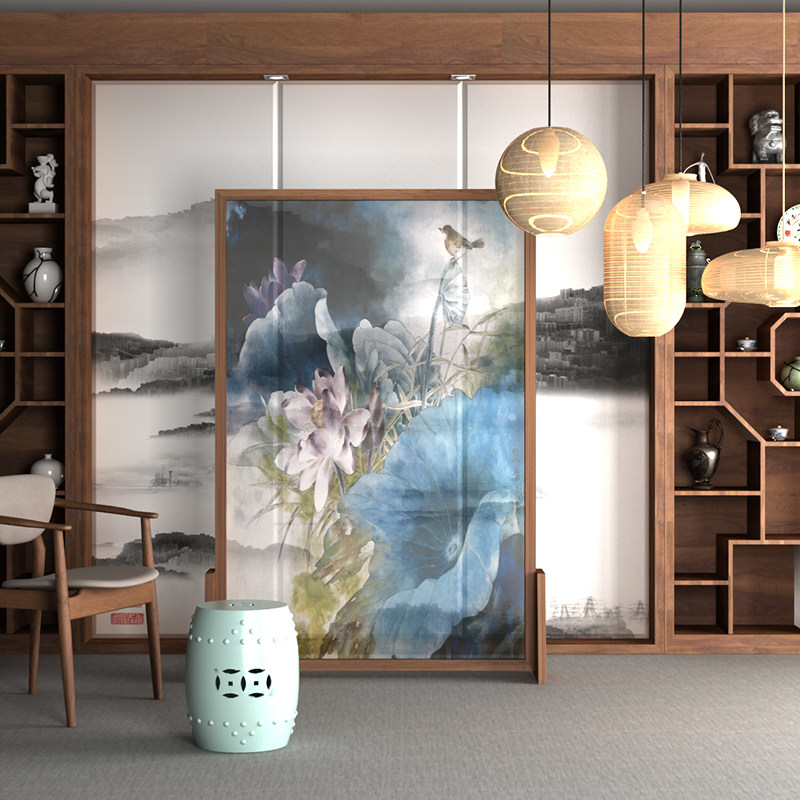 Modern New Chinese Screen Xuanguan Living room seat Screen Partition Bedroom Hotel Solid Wood Custom Minima Lotus Flowers Walnuts Wood